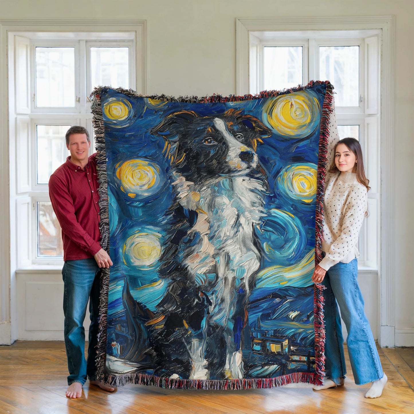 Blue Merle Australian Shepherd Van Gogh Woven Blanket-Critter Lane