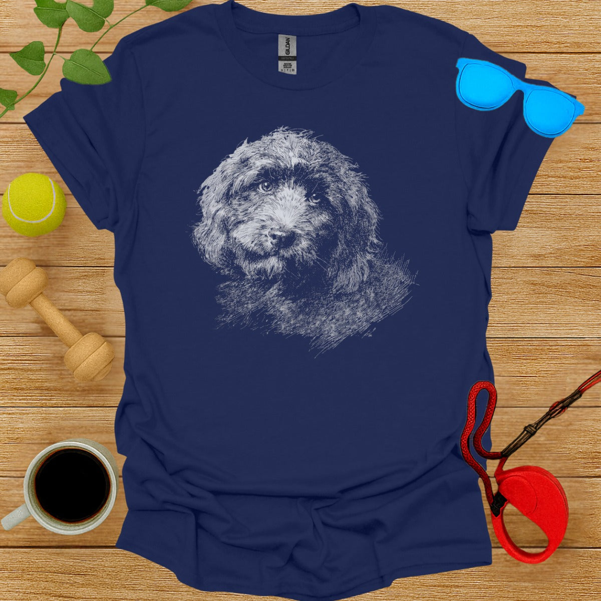 Detailed Sketch of a Dog Graphic on Blue T-shirt
