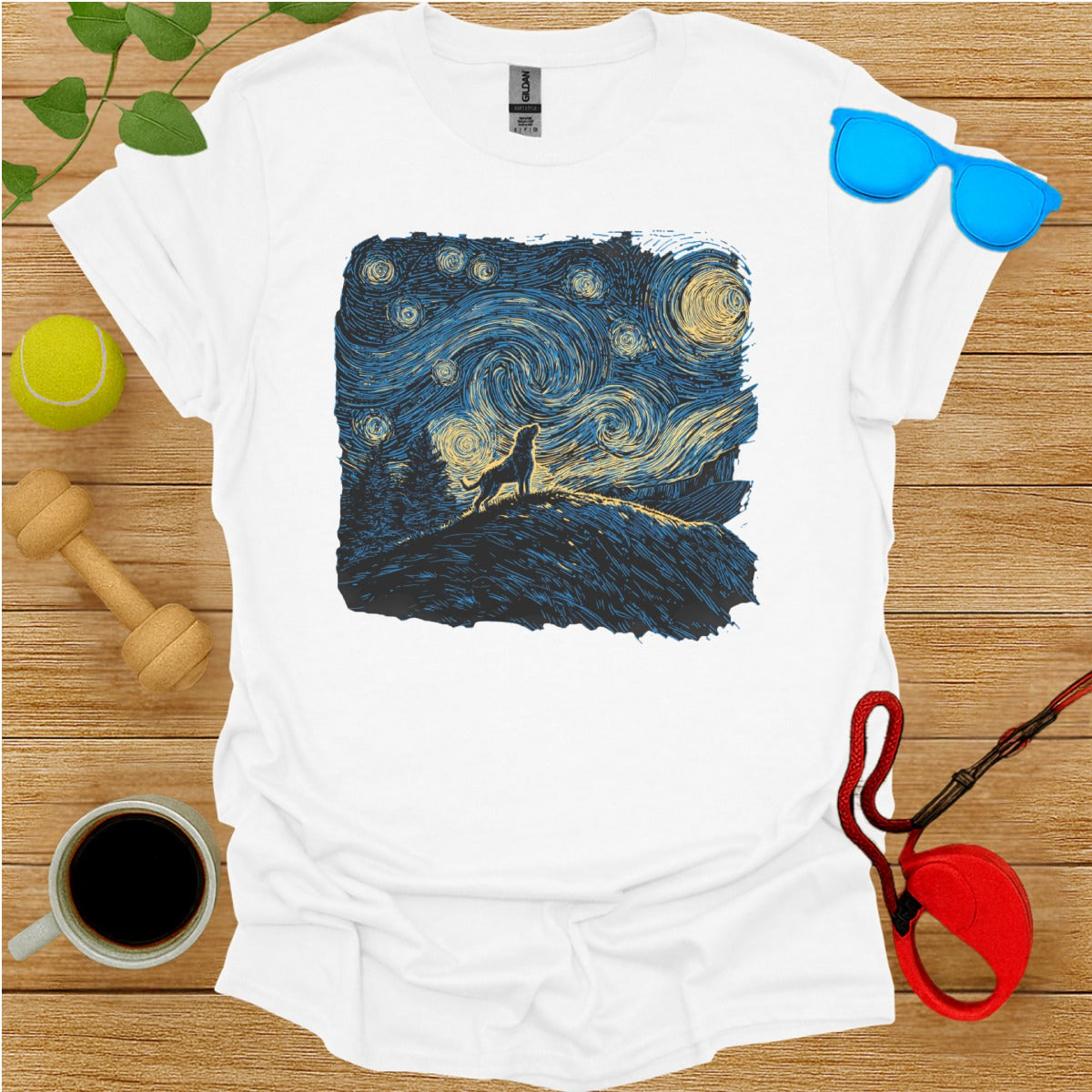 Starry Night Dog Print T-shirt with Artistic Design
