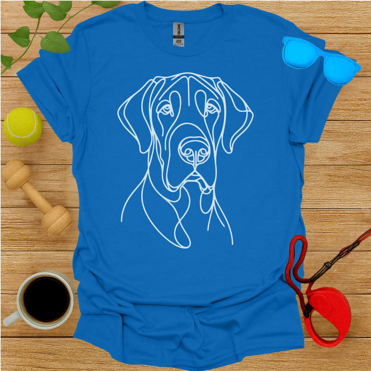 Dog Line Art T-Shirt with Blue Sunglasses Graphic Top
