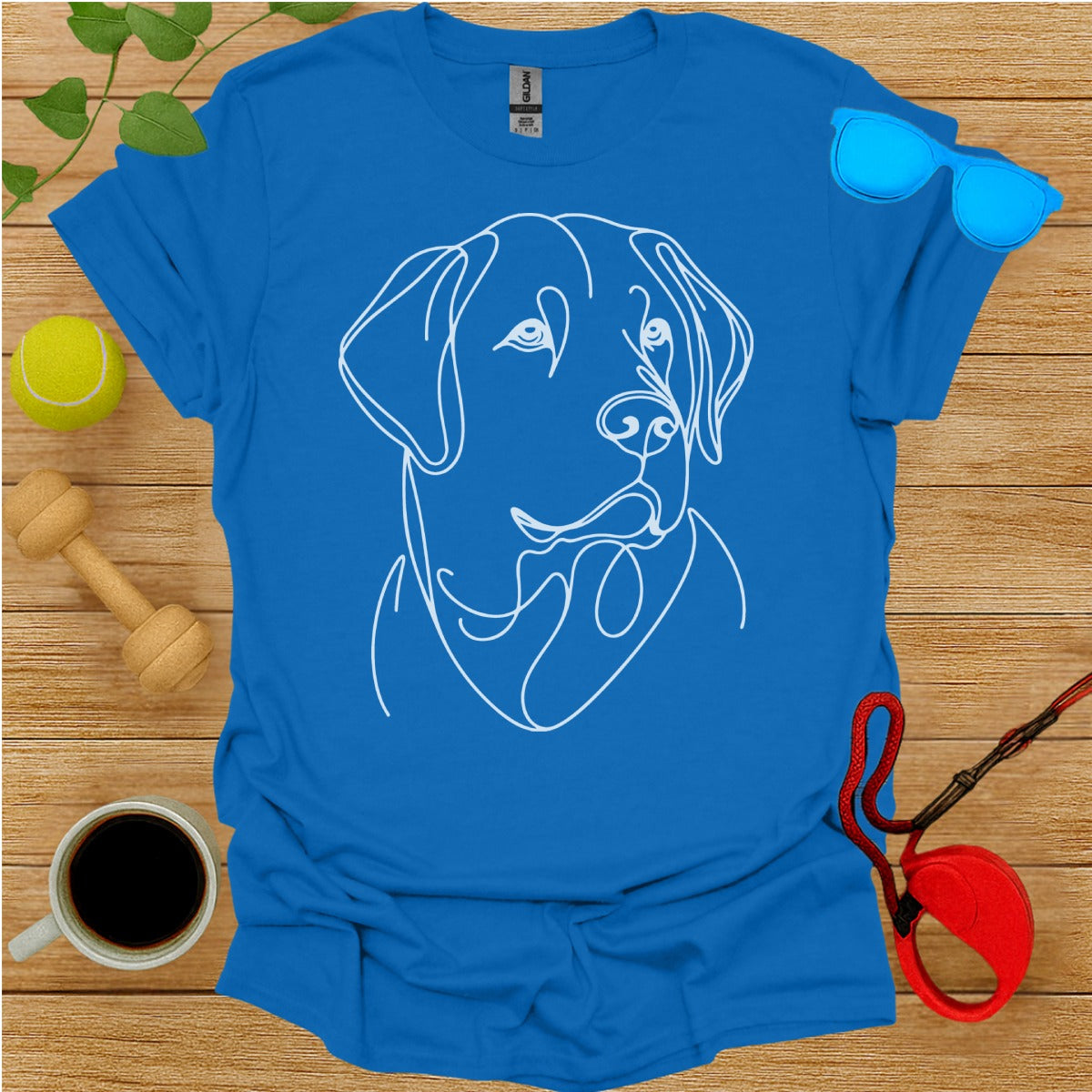 Dog Line Art Drawing on Blue Unisex T-Shirt Product