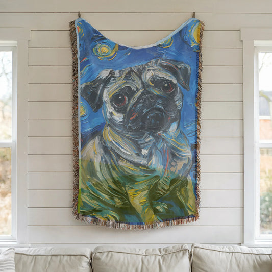 Pug Van Gogh Starry Night Woven Blanket-Critter Lane