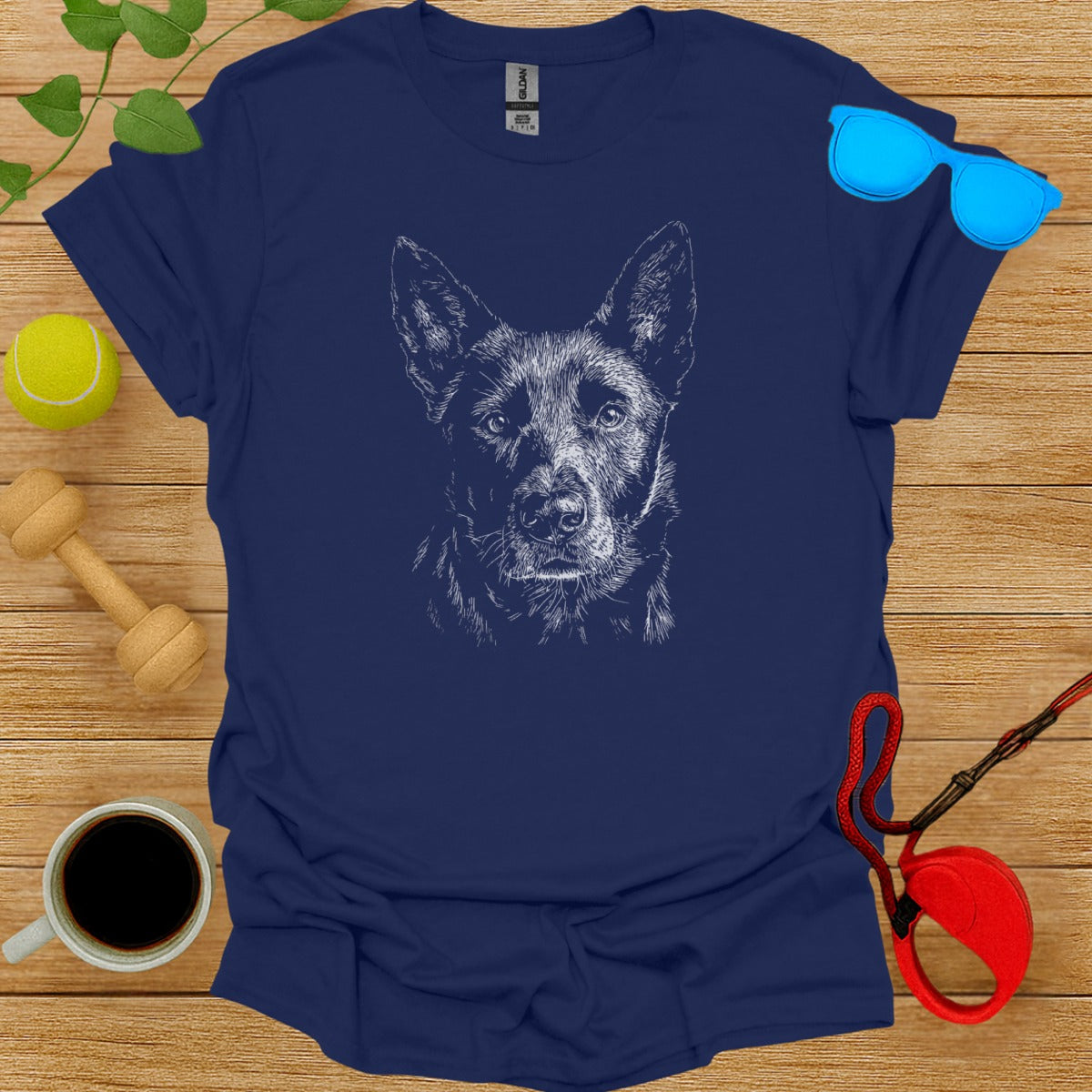 Detailed Sketch of German Shepherd on Navy Graphic T-Shirt
