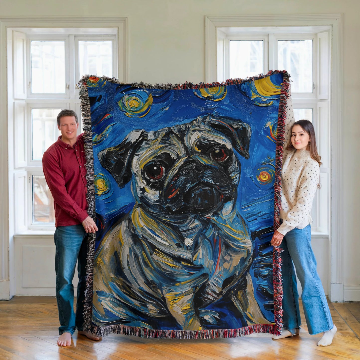 Pug Van Gogh Starry Night Woven Blanket-Critter Lane