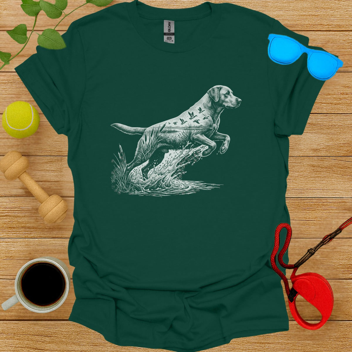 Green T Shirt with Running Dog Graphic and Birds