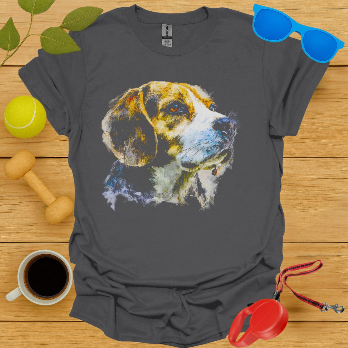 Colorful Dog Illustration on Dark Grey T-shirt product