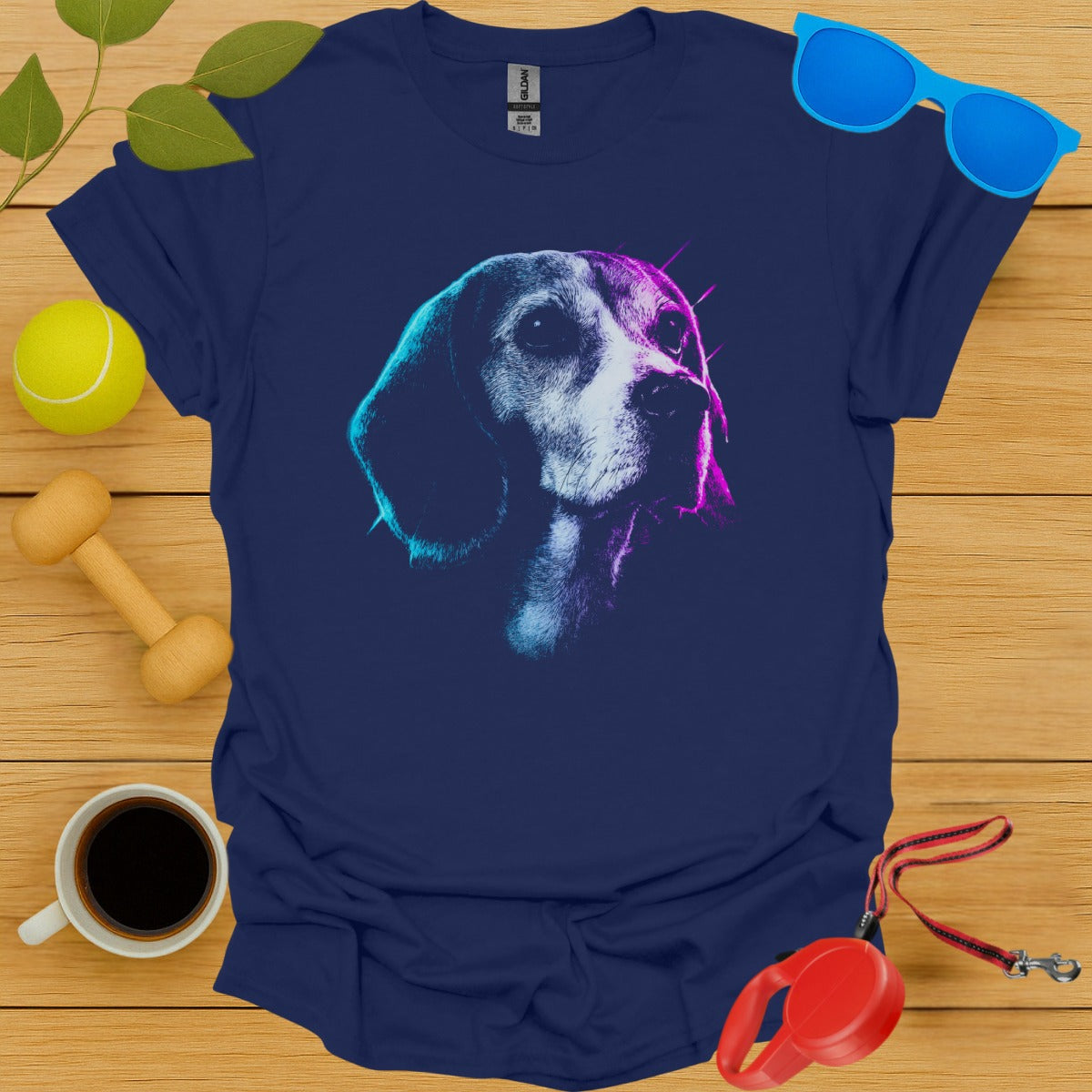 Neon Beagle Dog Art on Navy Blue T-shirt product type