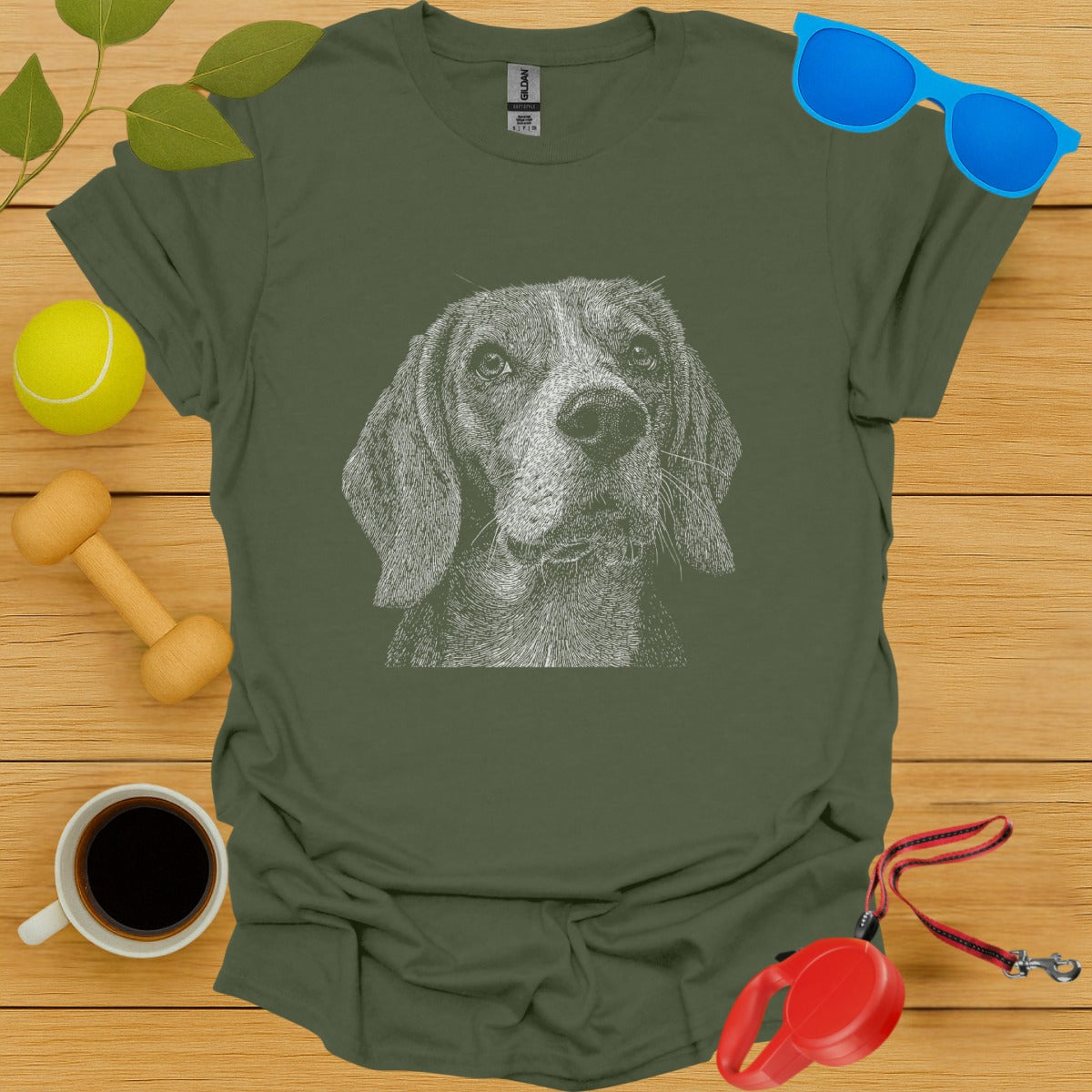 Realistic Dog Illustration Green T-Shirt Unique Product