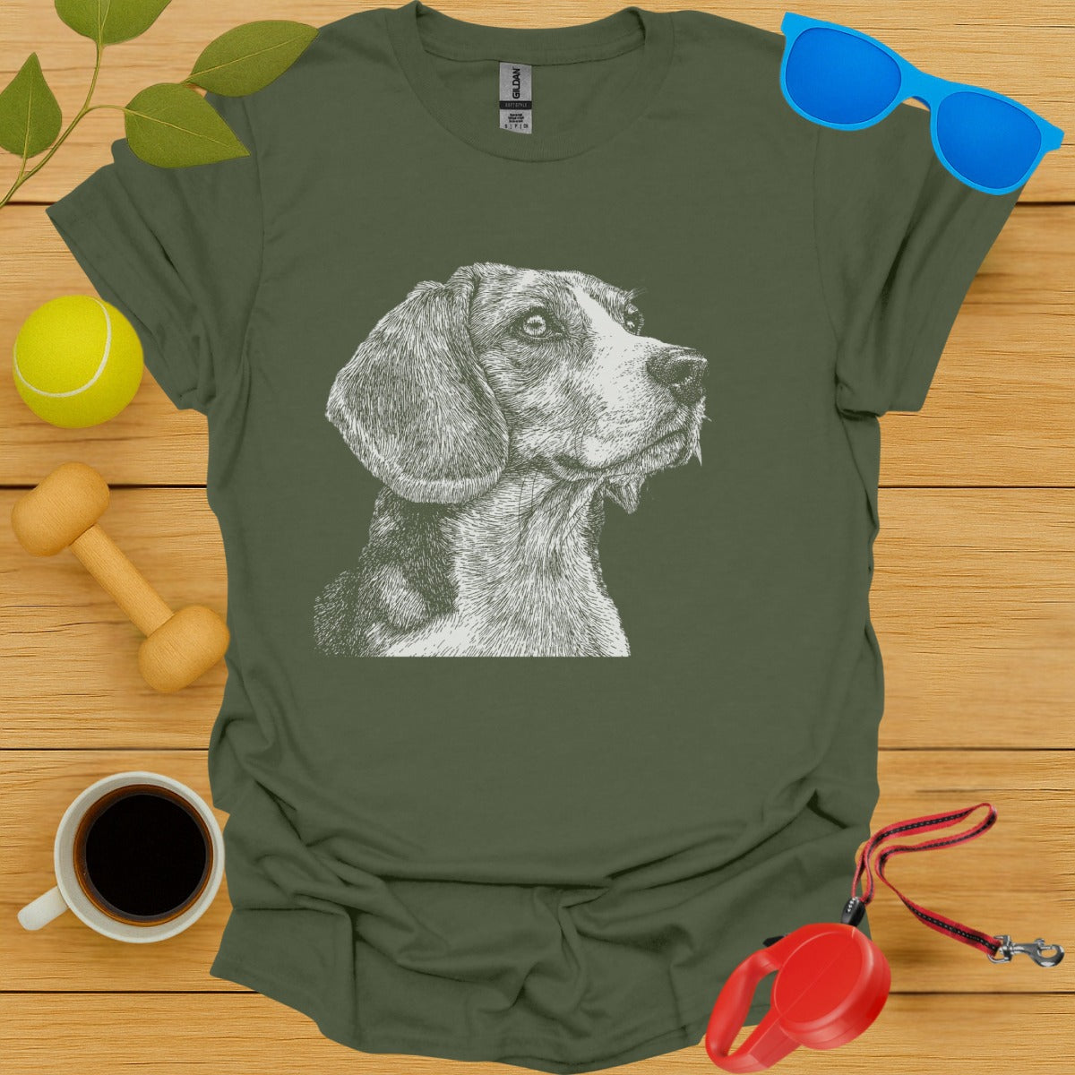 Detailed Dog Sketch Printed Green T-Shirt product type