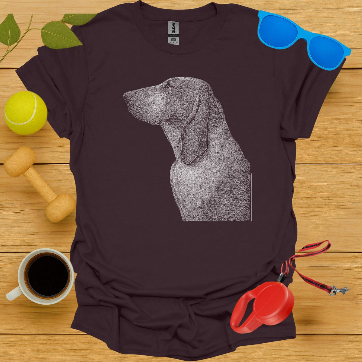 Detailed Dog Profile on Burgundy T-Shirt product