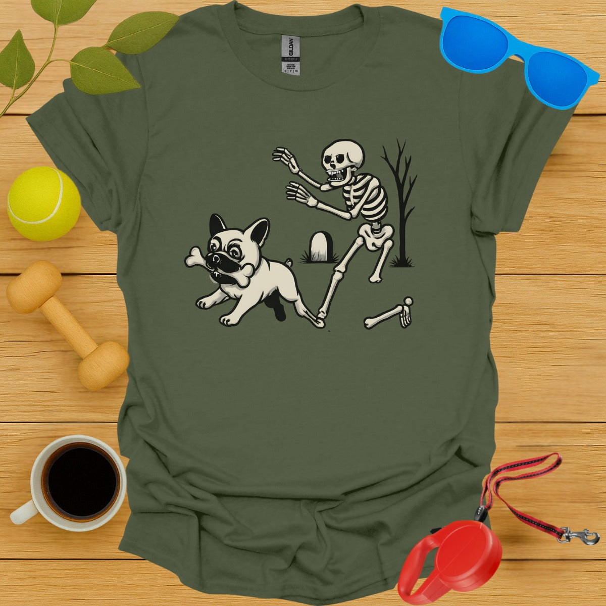 Skeleton Chasing French Bulldog Graphic Tee product