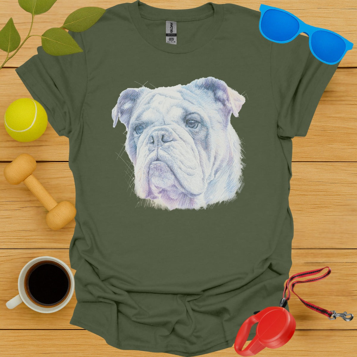 Adorable Bulldog Print Olive Green Graphic T-shirt product