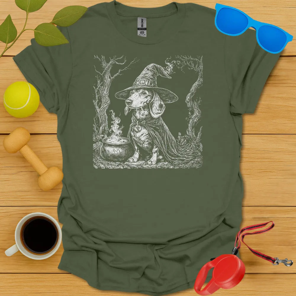 Dachshund Witch T Shirt - Military Green