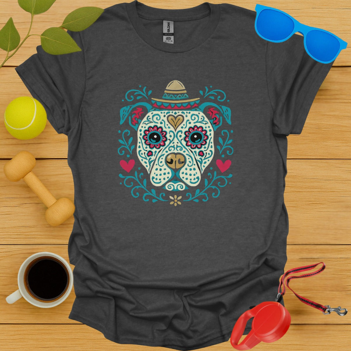 Colorful Dog Design on Grey Short Sleeve Shirt product type