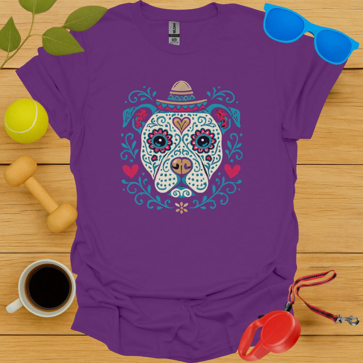 Colorful Bulldog Sugar Skull Design Shirt product