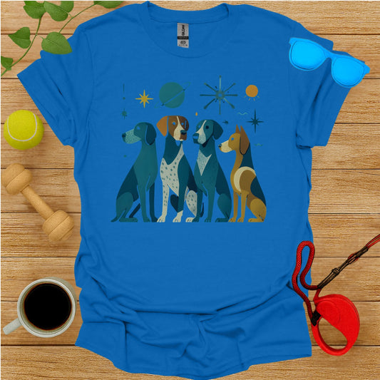 Blue T-shirt featuring abstract canine space graphic