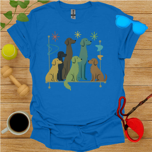 Colorful Cartoon Dogs Graphic on a Blue T-Shirt