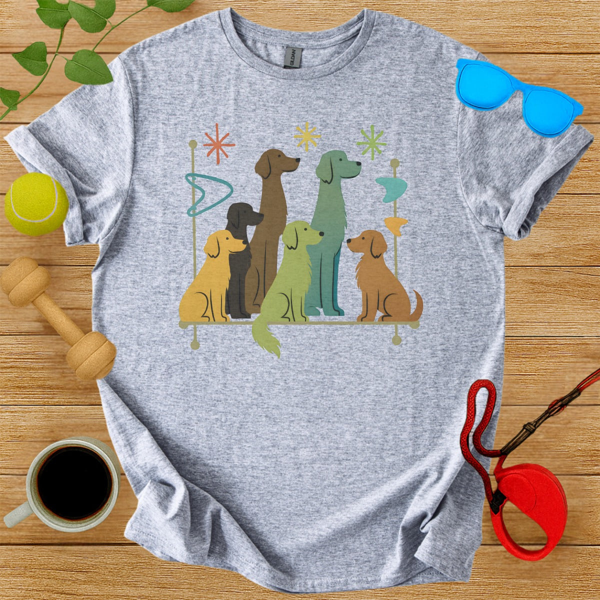 Colorful Dogs Abstract Art Design on Grey T-shirt