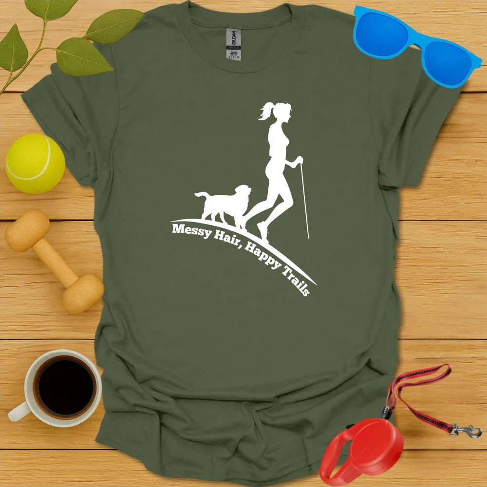Messy Hair, Happy Trails | Women’s Dog Hiking Shirt - Military Green