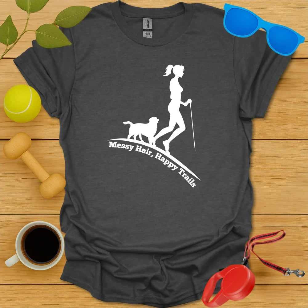 Messy Hair, Happy Trails | Women’s Dog Hiking Shirt - Dark Heather