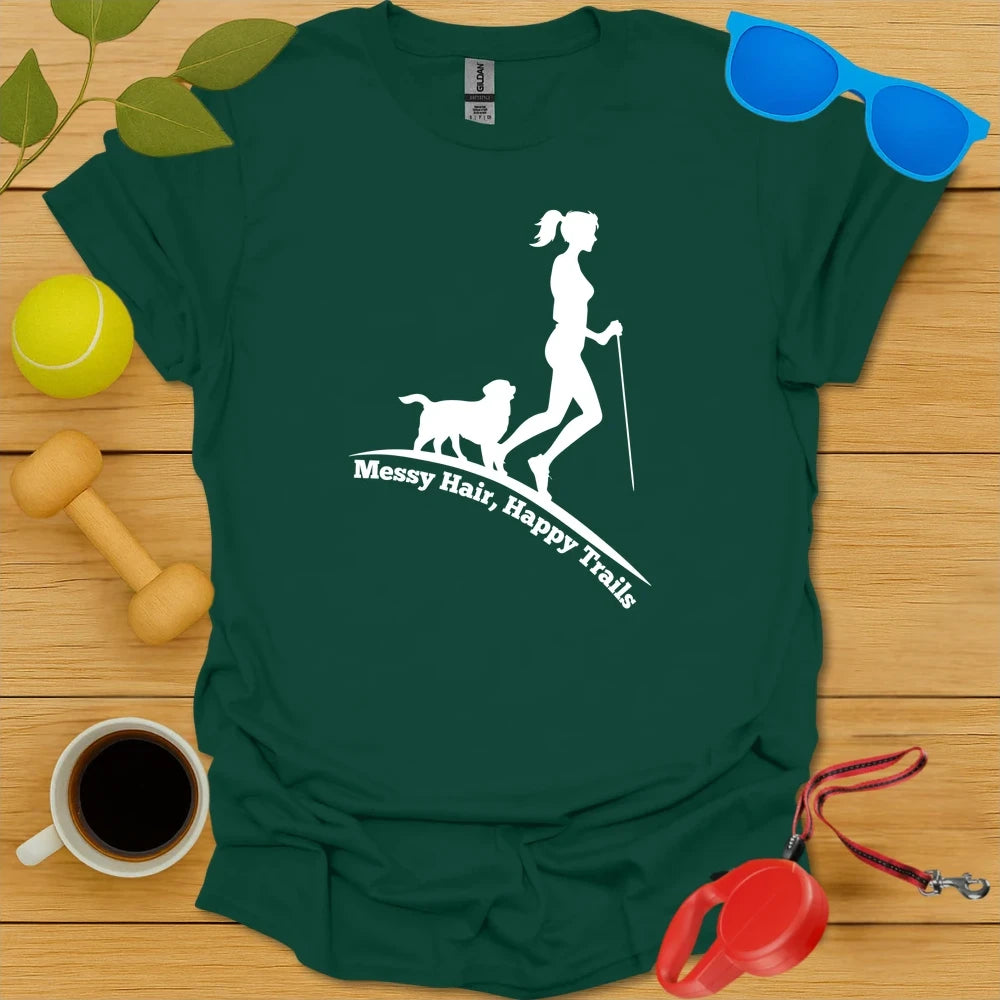 Messy Hair, Happy Trails | Women’s Dog Hiking Shirt - Forest Green