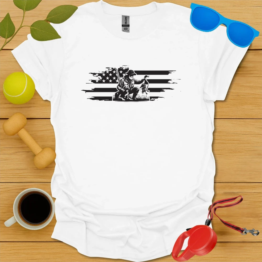 Patriotic Retriever | Hunting Dog & Flag Shirt - White