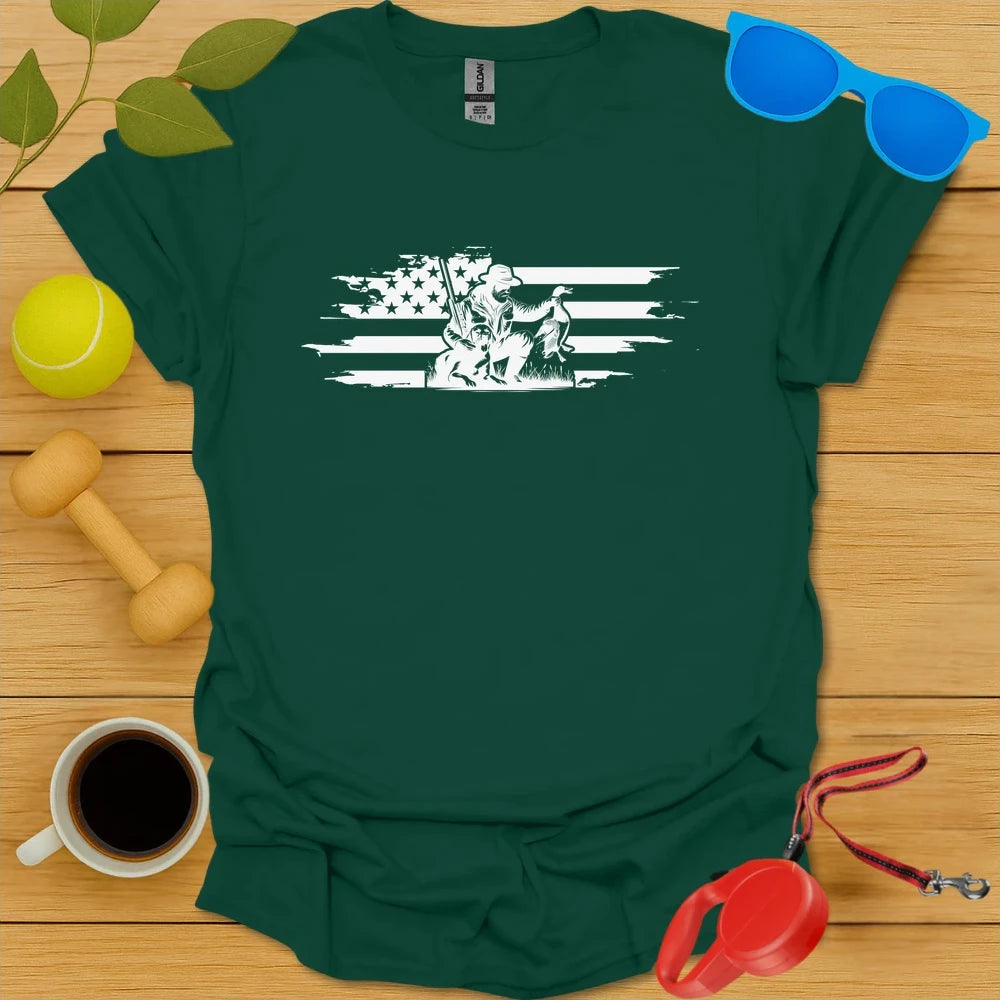 Patriotic Retriever | Hunting Dog & Flag Shirt - Forest Green