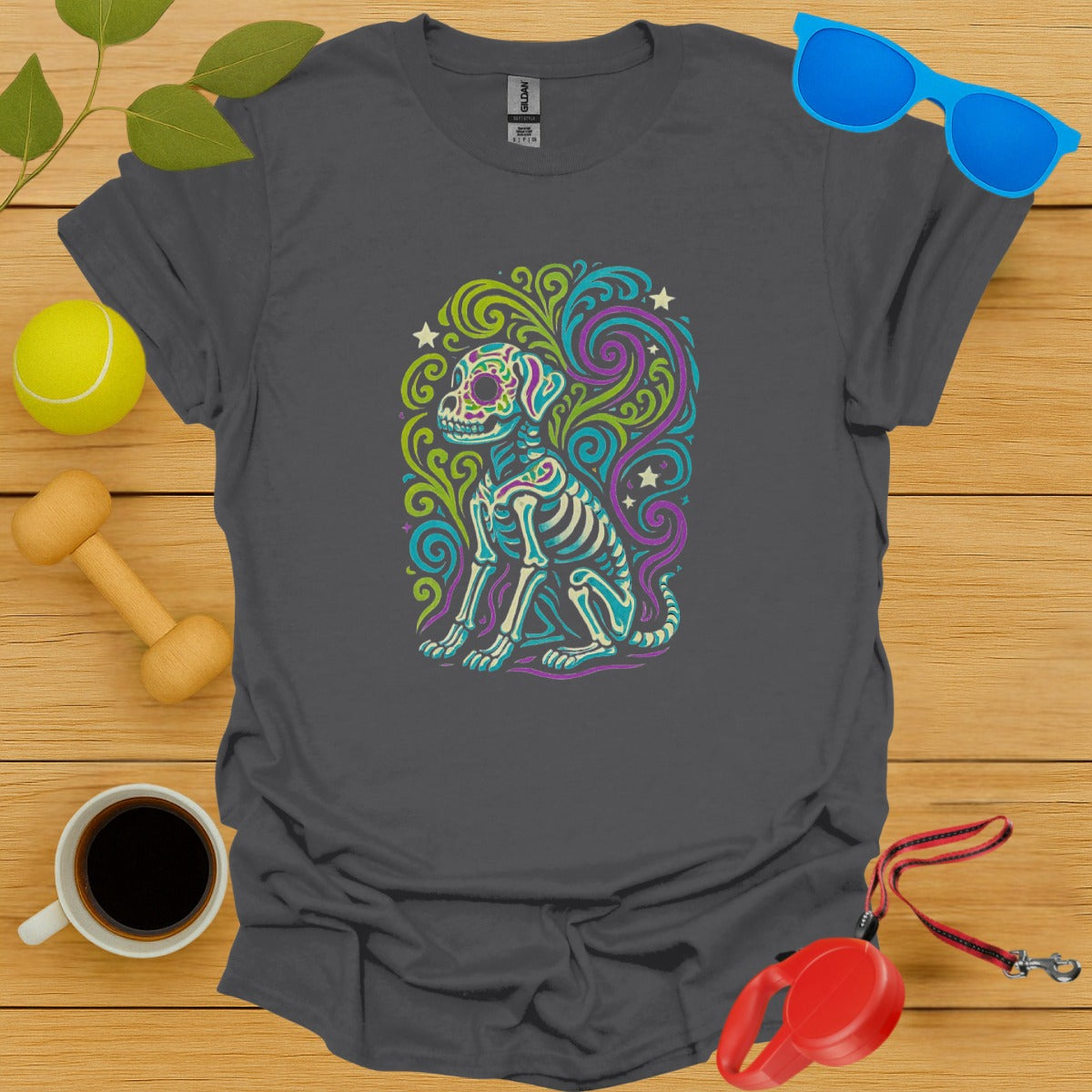 Colorful Skeleton Dog Design on Grey Shirt product type