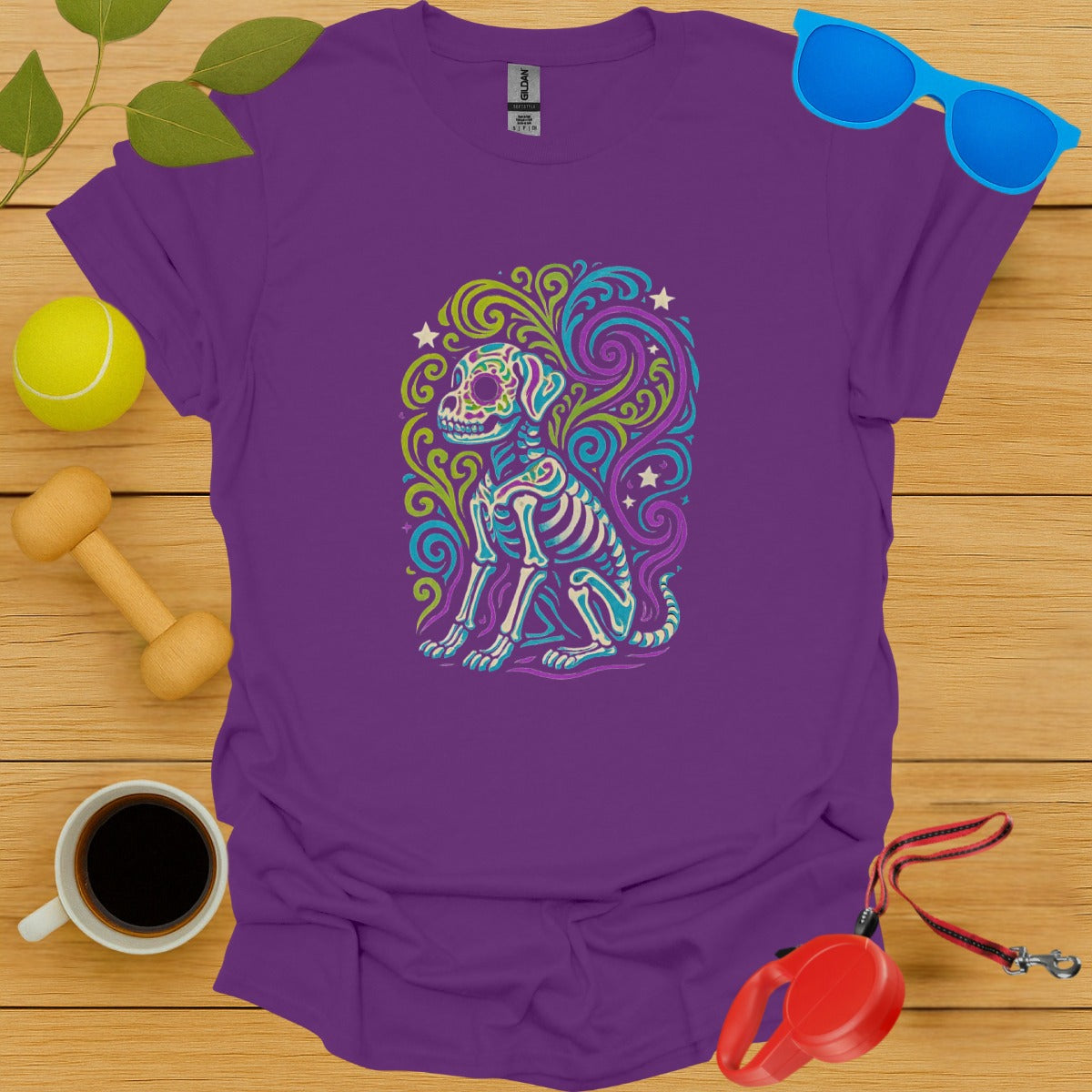 Colorful Dog Skeleton Art on Purple Shirt product type