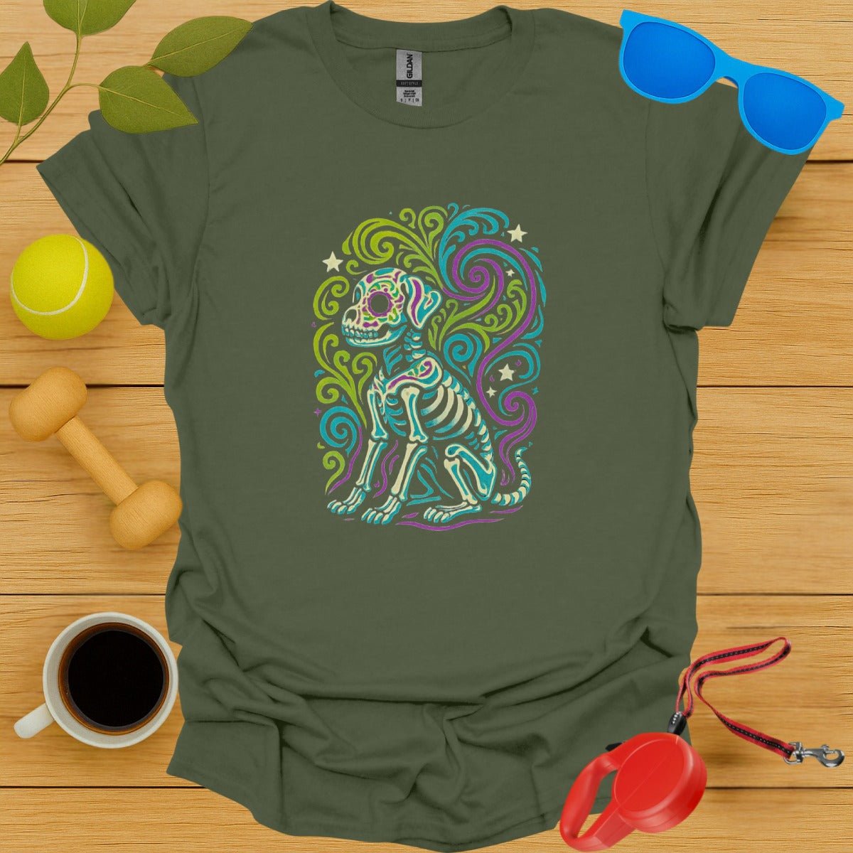 Colorful Skeleton Dog with Swirls Design Shirt product