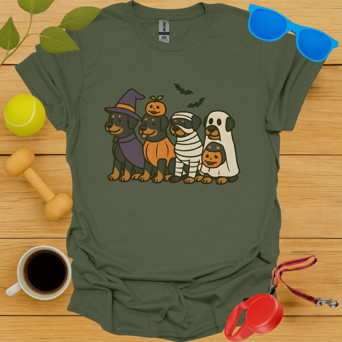 Halloween Dogs Theme Olive Green Graphic T-Shirt product type