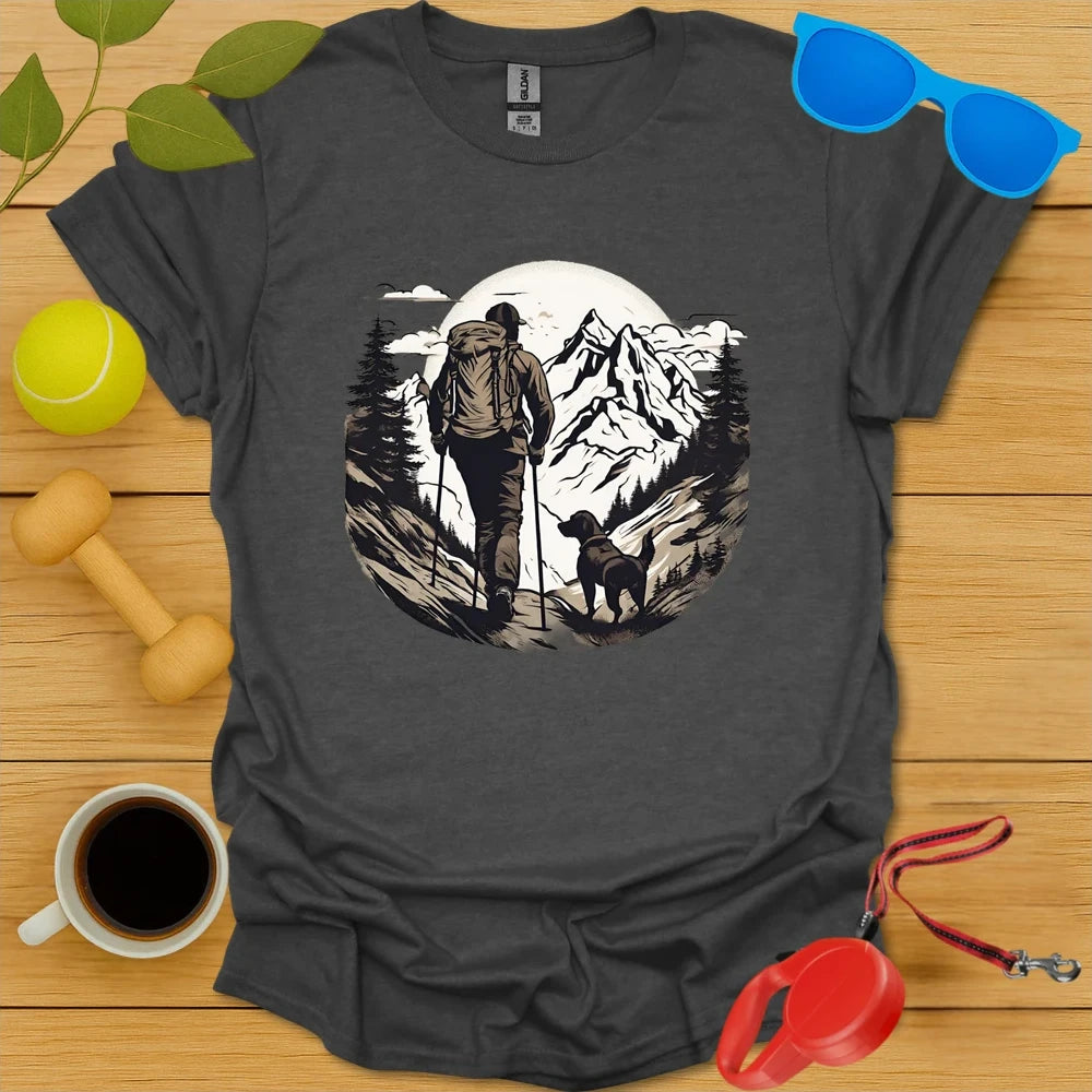 Trail Companions | Mountain Hiking Dog Lover Tee - Dark Heather