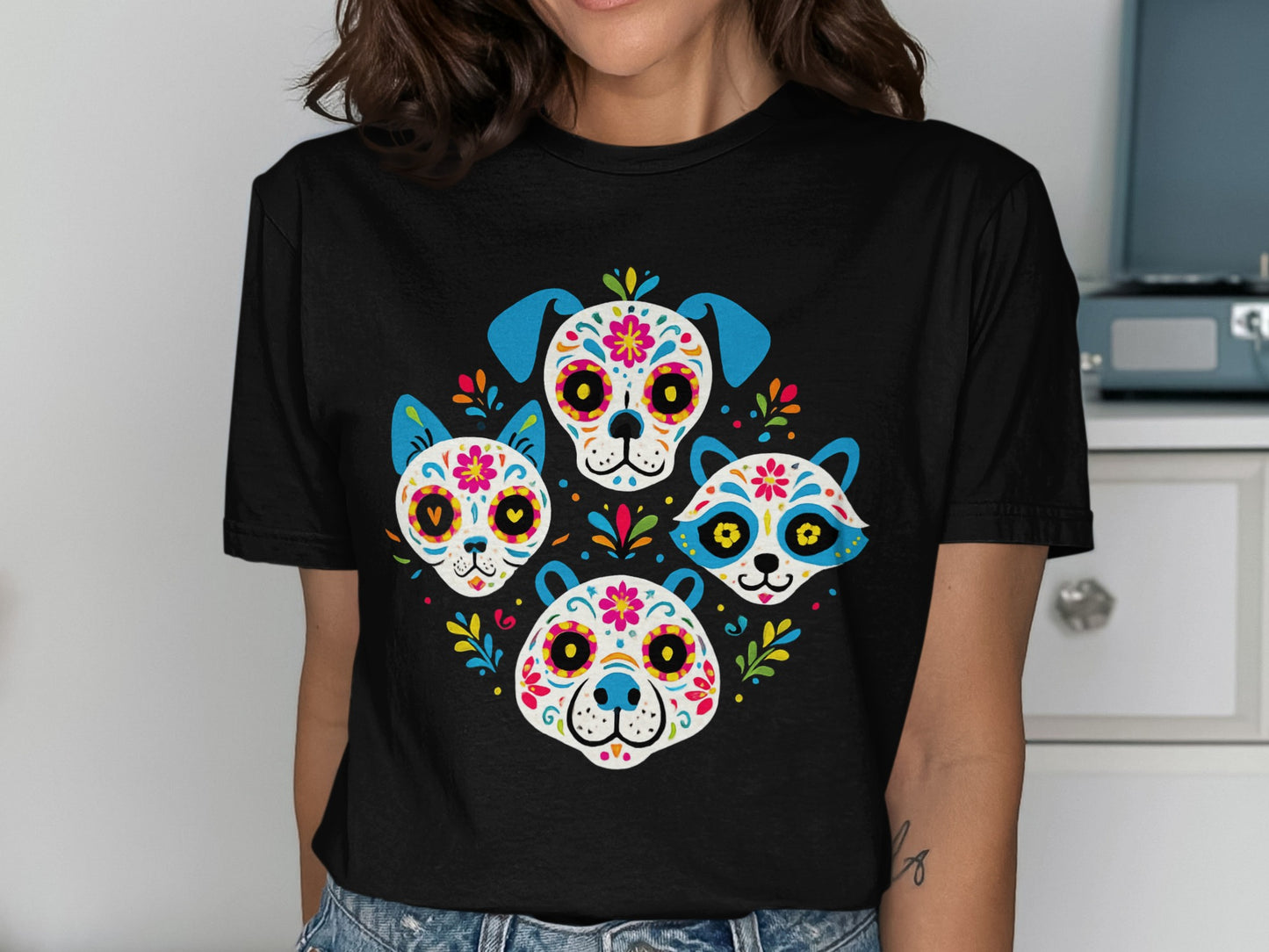 Festive Animal Faces Colorful Graphic Tee product type