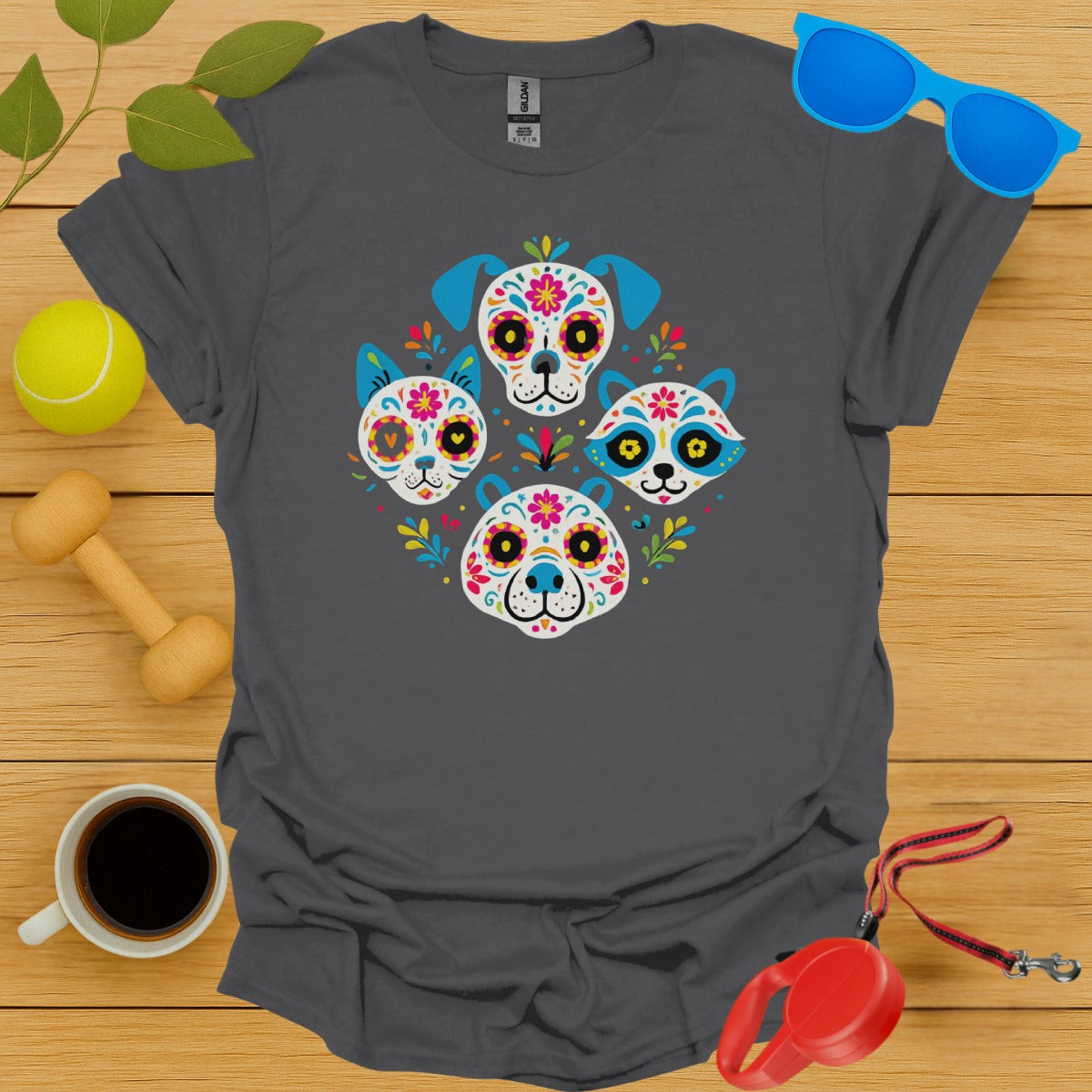 Colorful Sugar Skull Dogs Graphic T-Shirt product