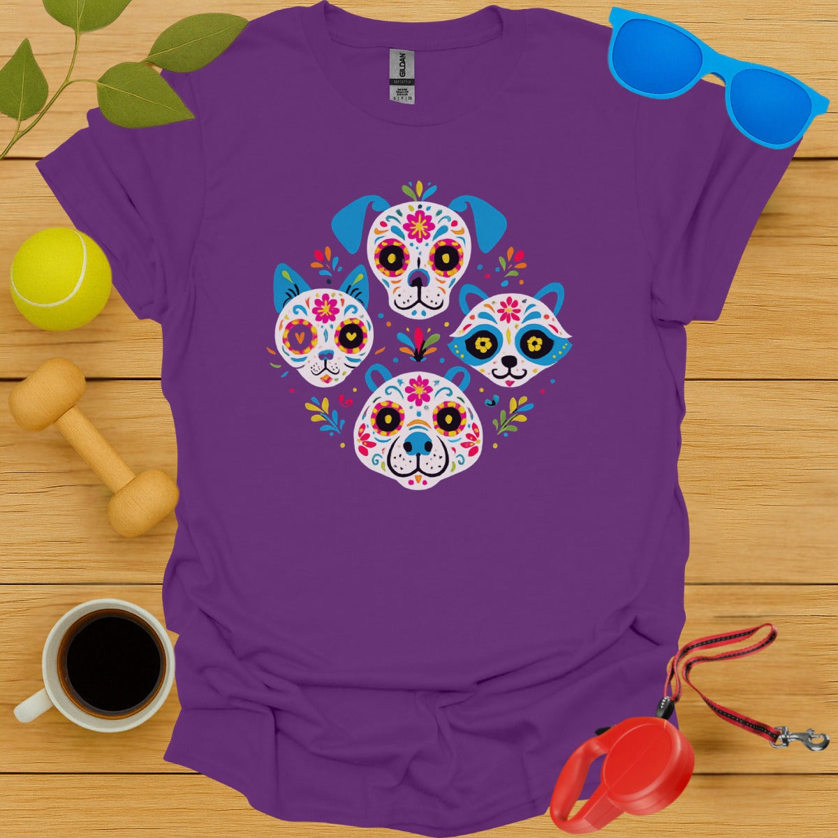 Colorful Sugar Skull Dog Faces Graphic Tee product type