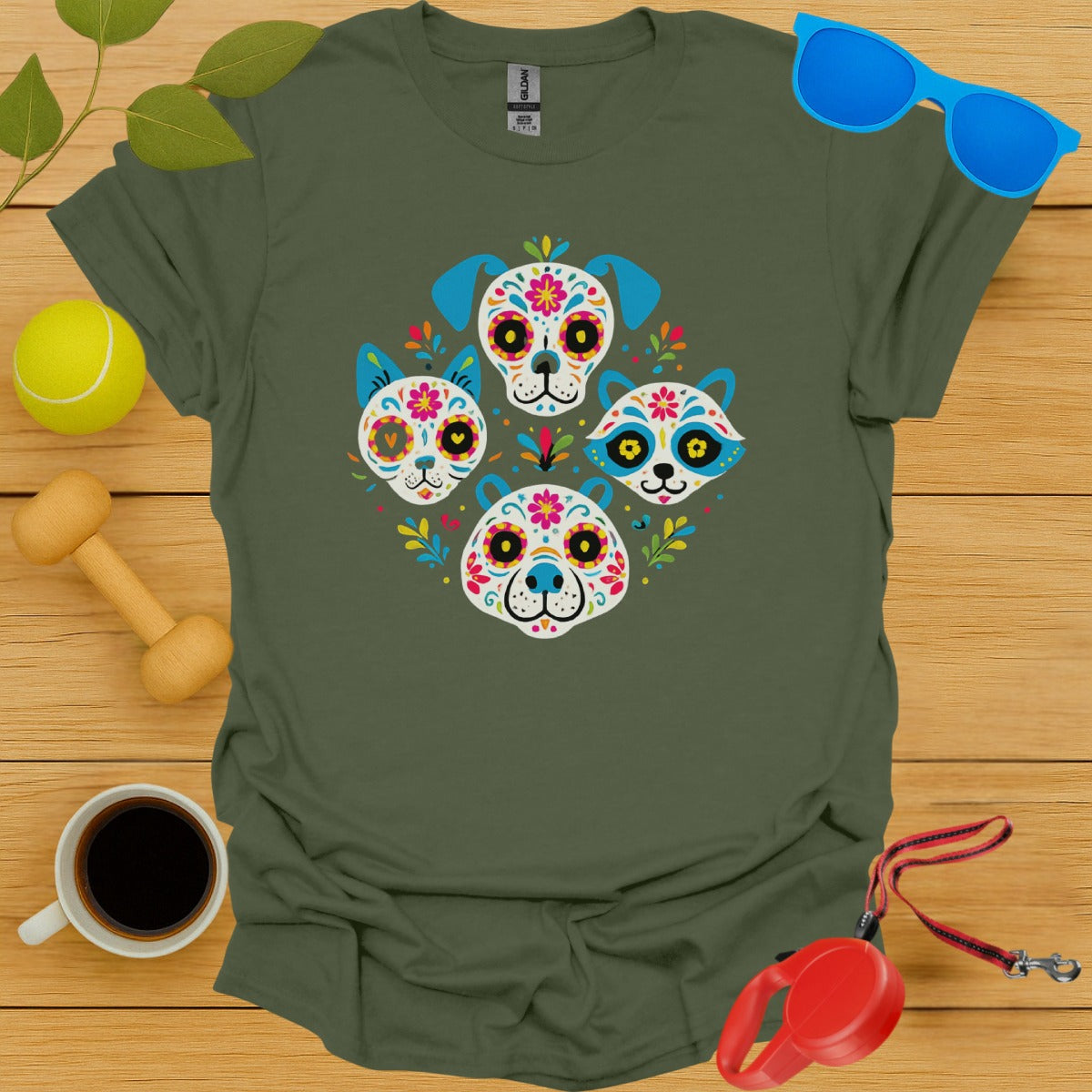 Colorful Dog Sugar Skulls Design Graphic Shirt product