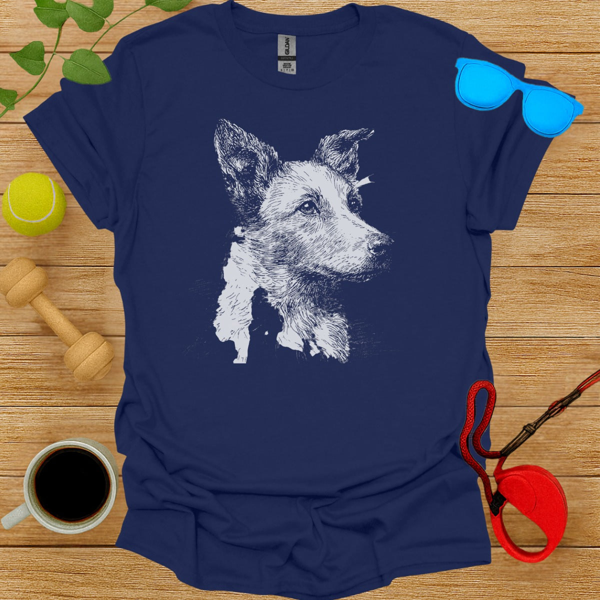 Blue T-shirt with Detailed Dog Illustration Print