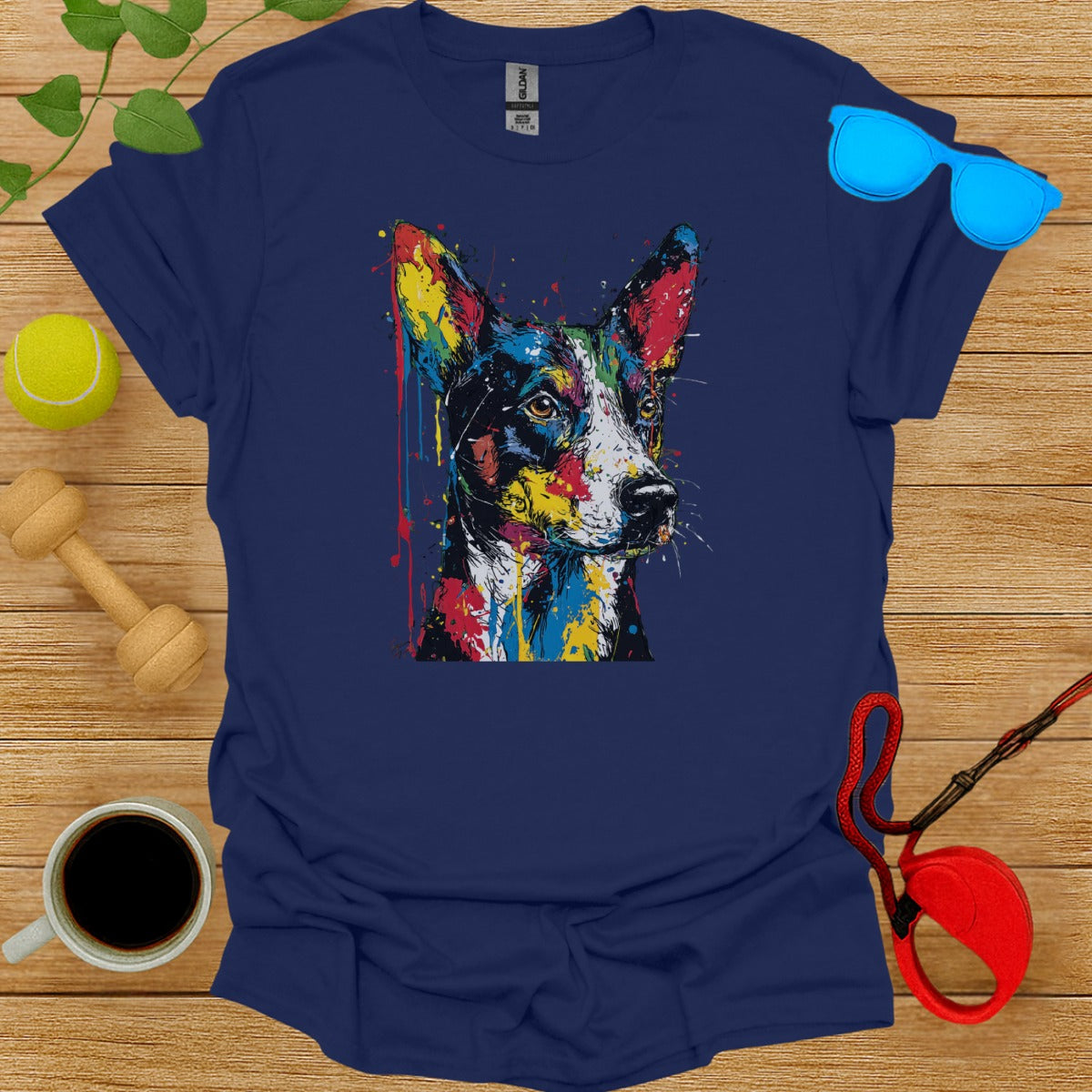 Colorful Artistic Dog Print Blue T-shirt for Pet Lovers