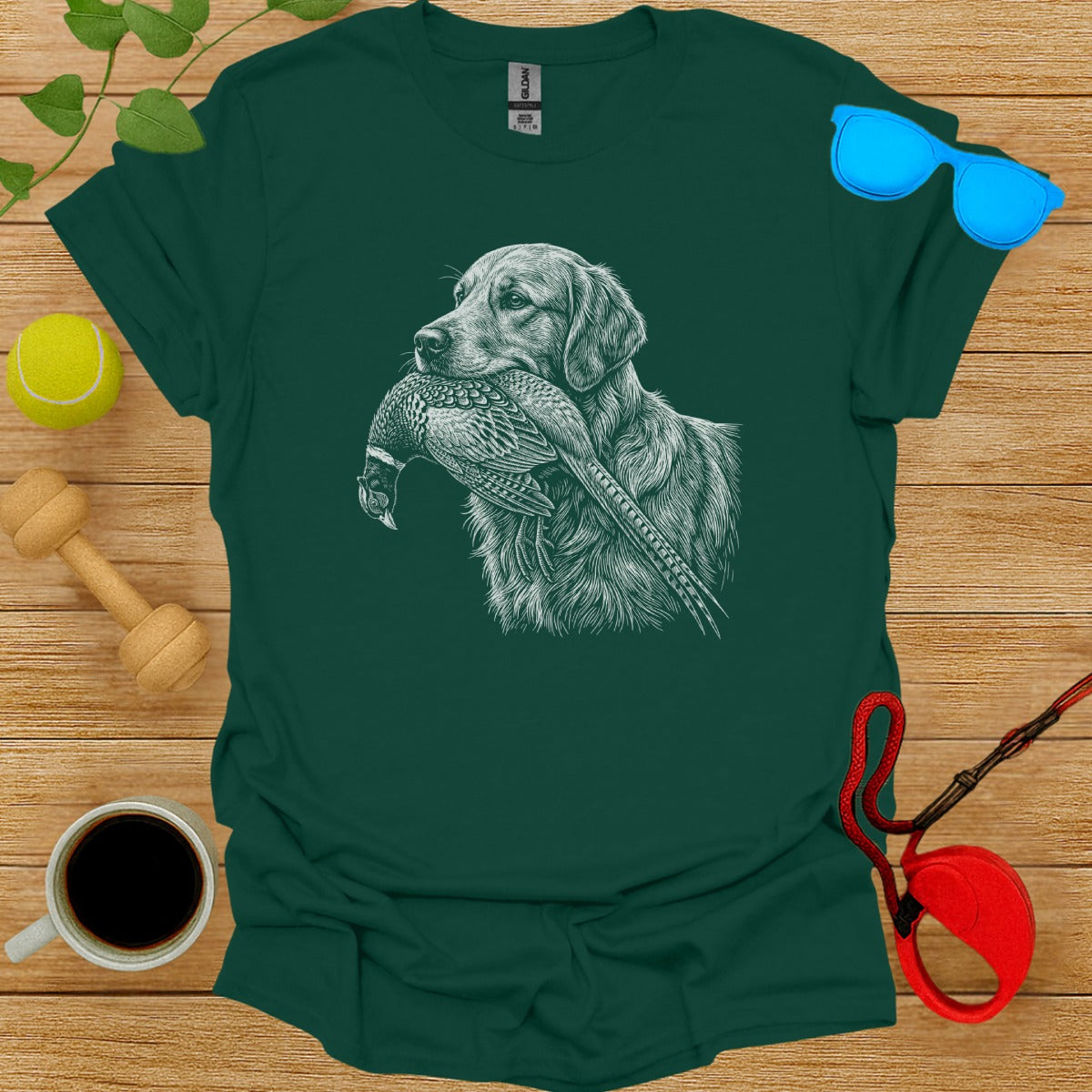 Green Shirt with Golden Retriever and Pheasant Design