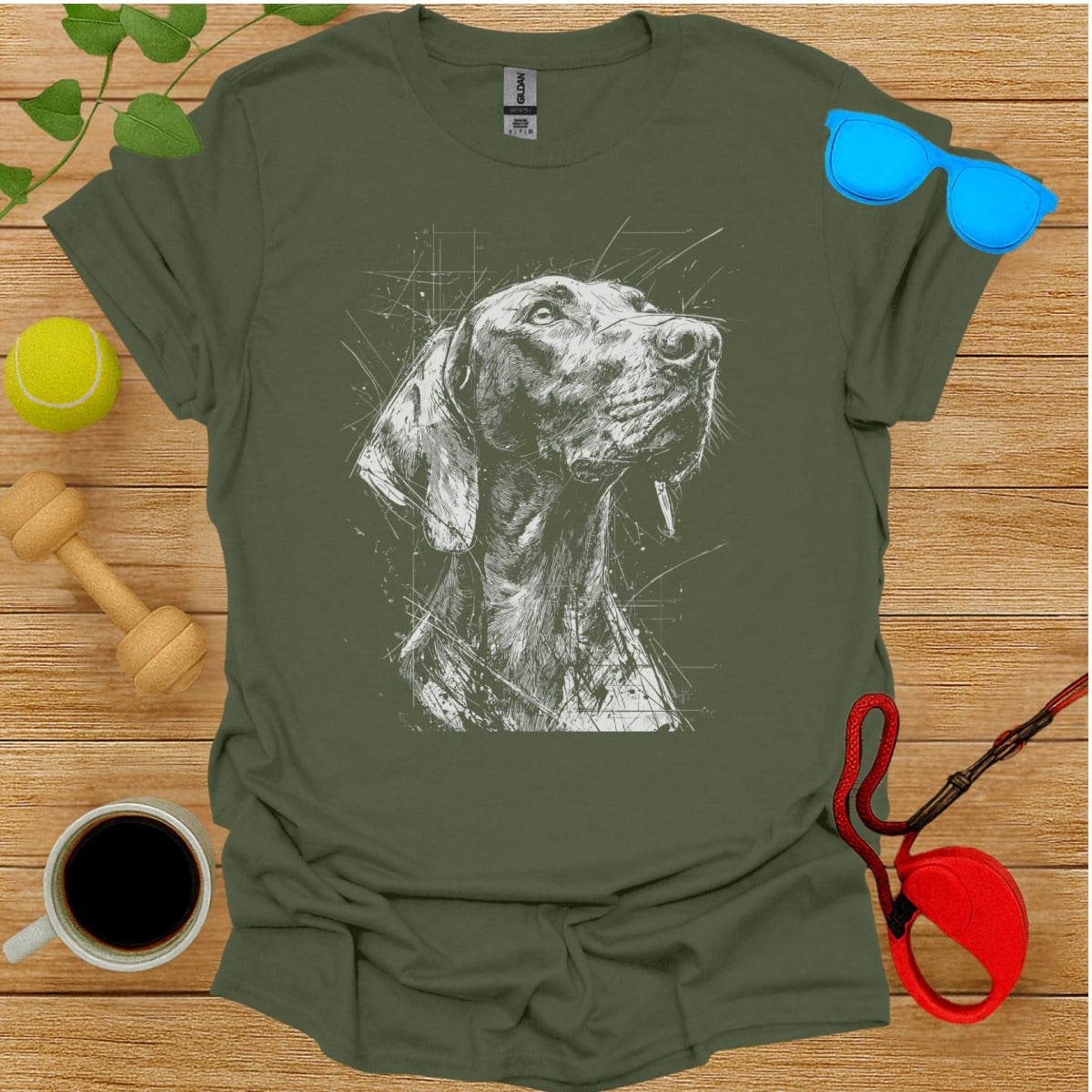 Detailed Dog Sketch on Green T-Shirt