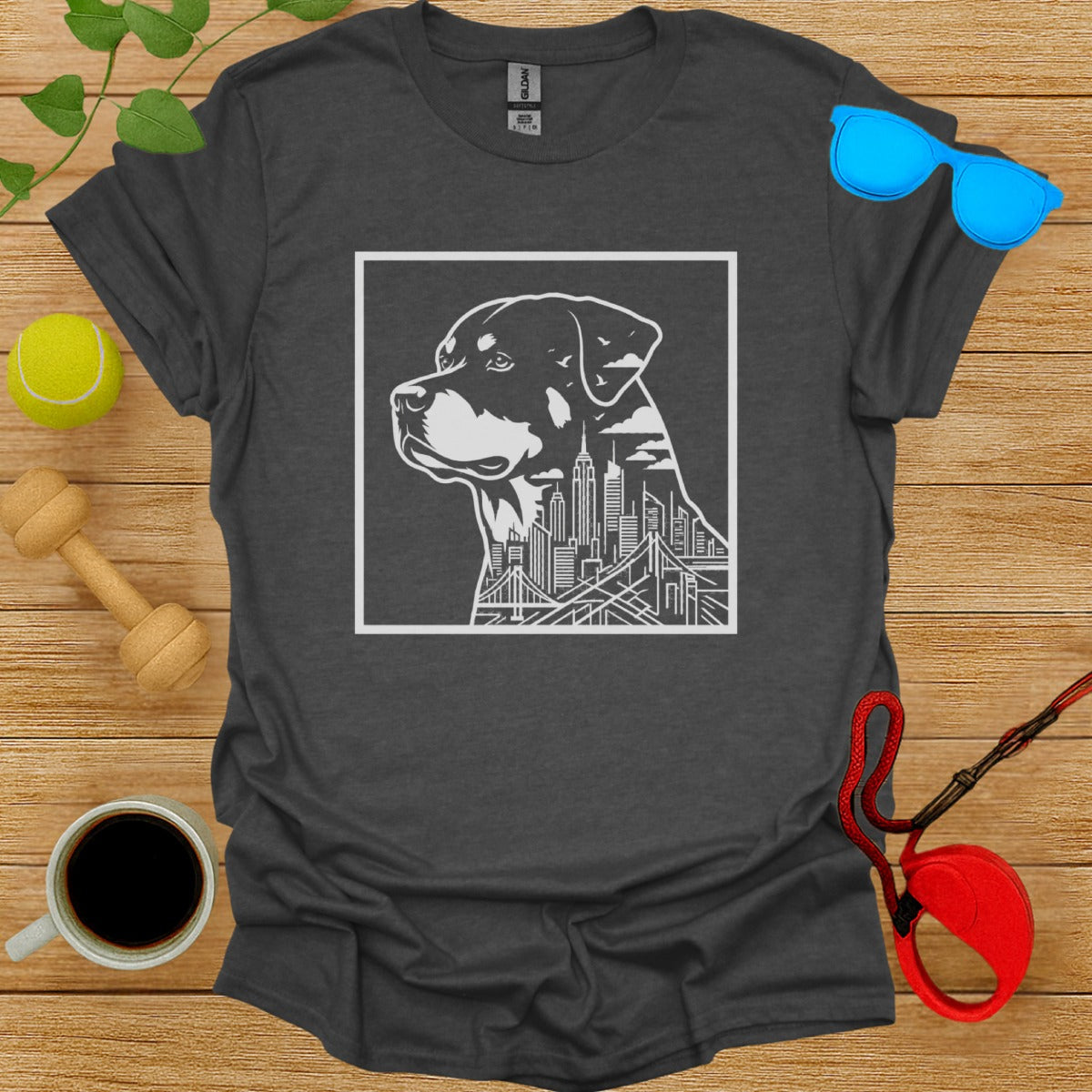 Rottweiler Dog and Cityscape Graphic Art T-Shirt