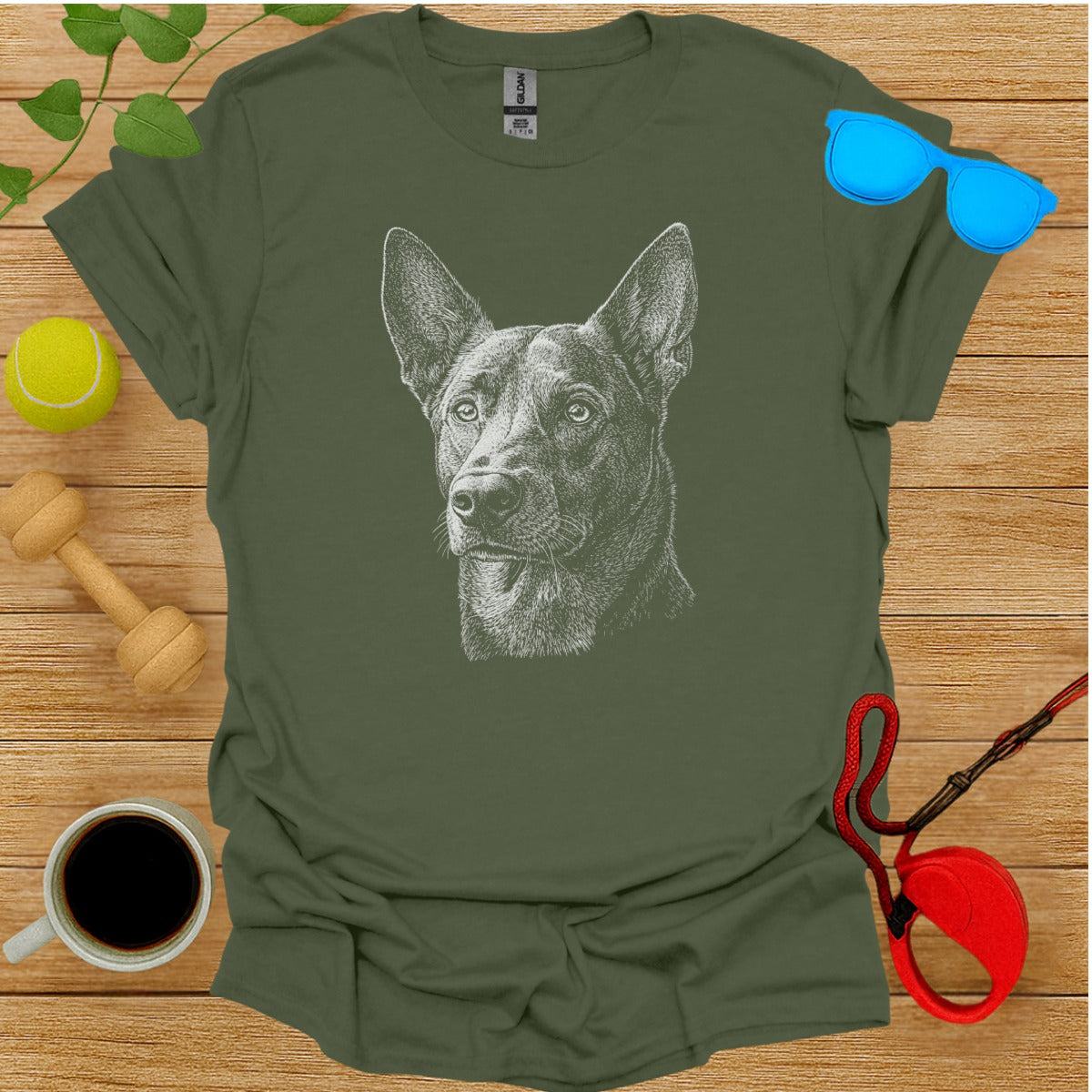 Intricately Designed Dog Portrait on Green T-shirt