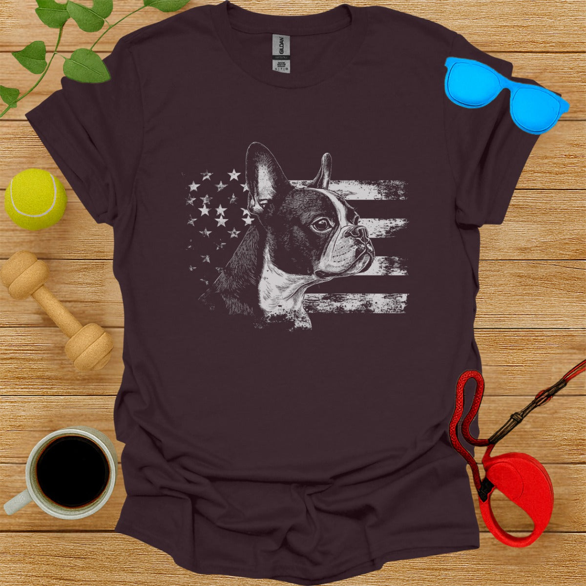 Patriotic Dog Graphic Tee with Flag Background