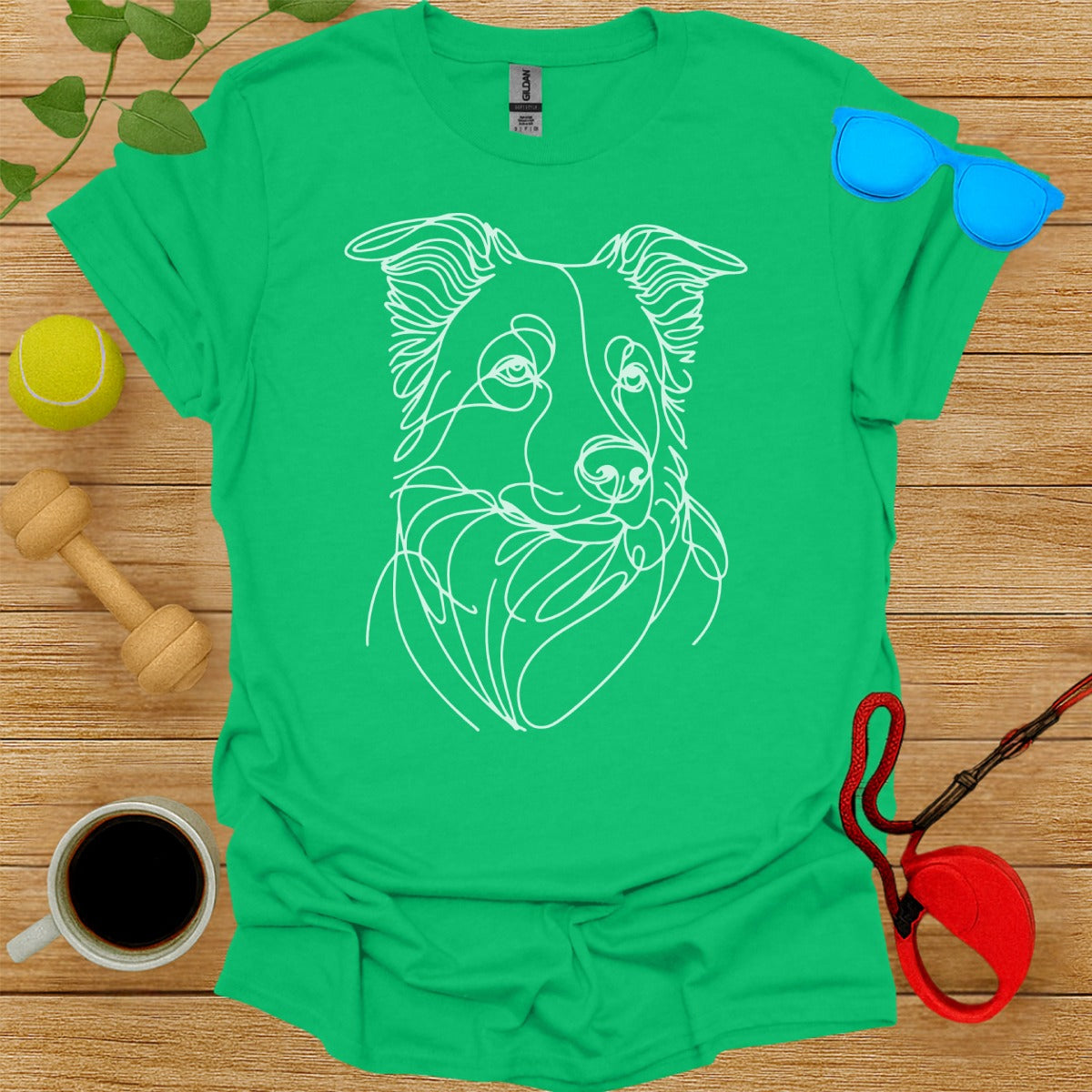 Outline Sketch Dog Design Green T-Shirt