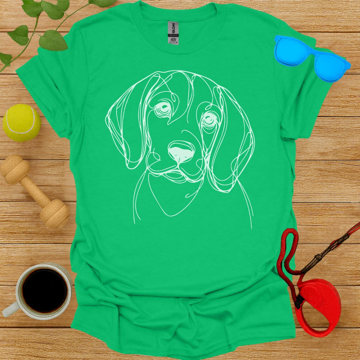 Playful Dog Line Art Graphic on Green T-shirt