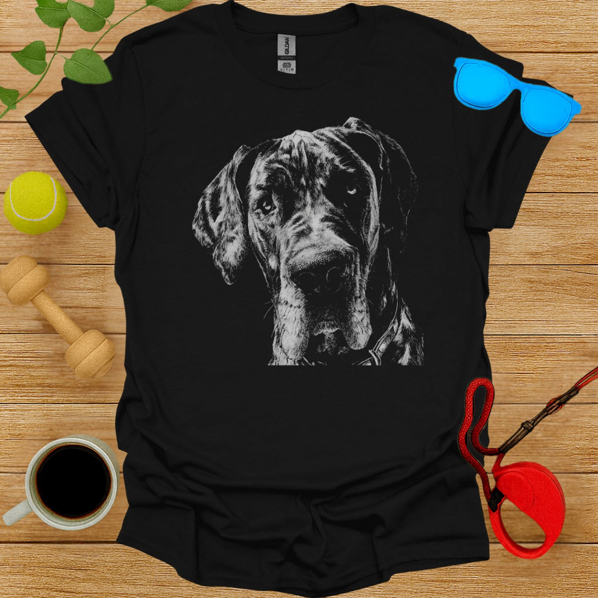 Black T-shirt with Great Dane Dog Face Illustration