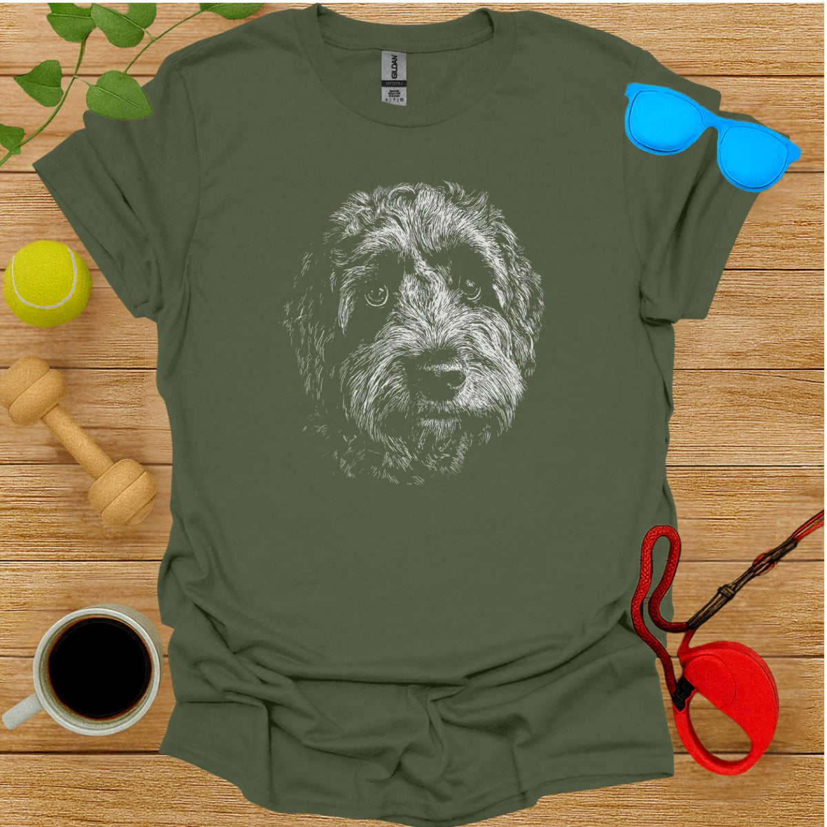 Green shirt with dog design and collar product