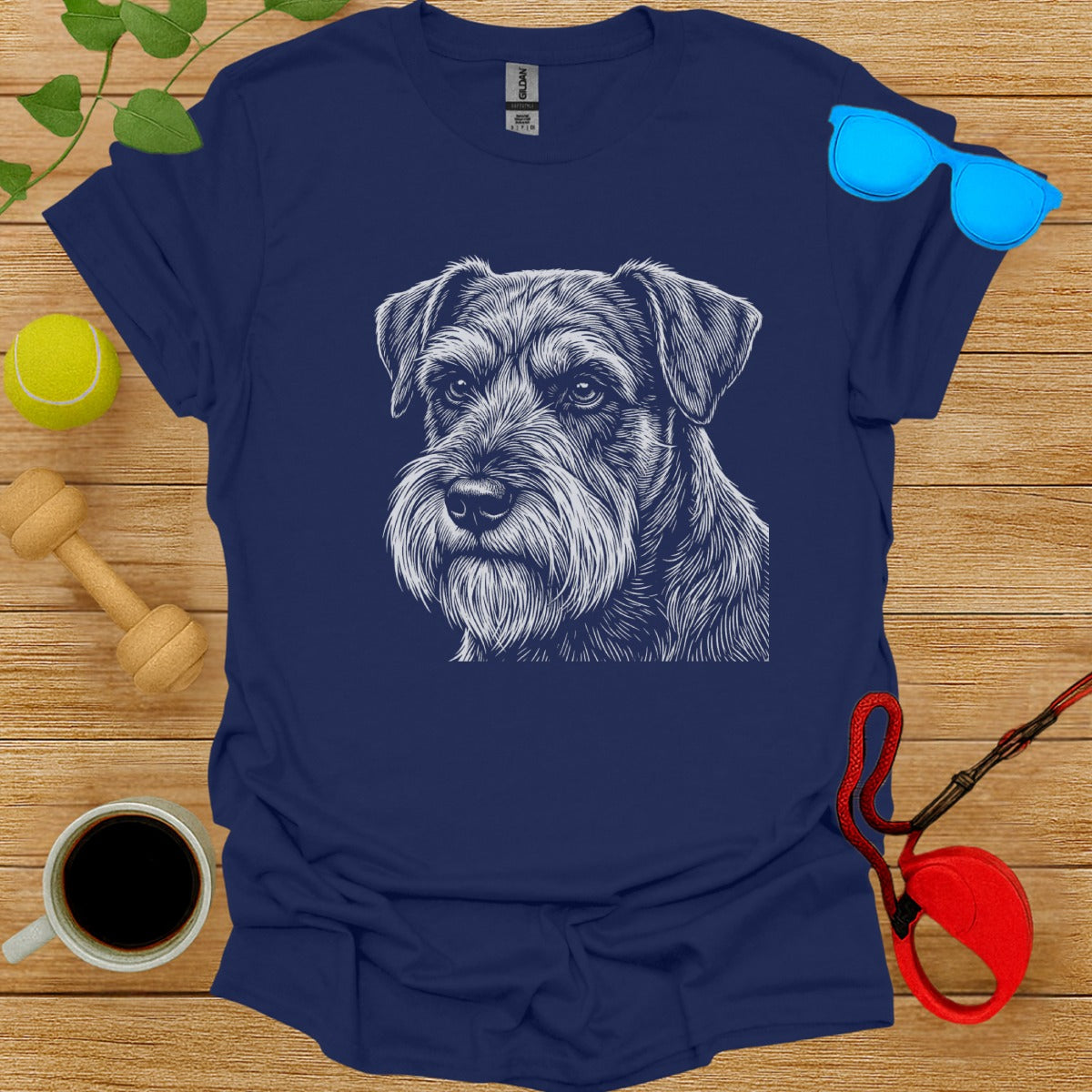 Hand Drawn Schnauzer Dog Art on Blue Shirt