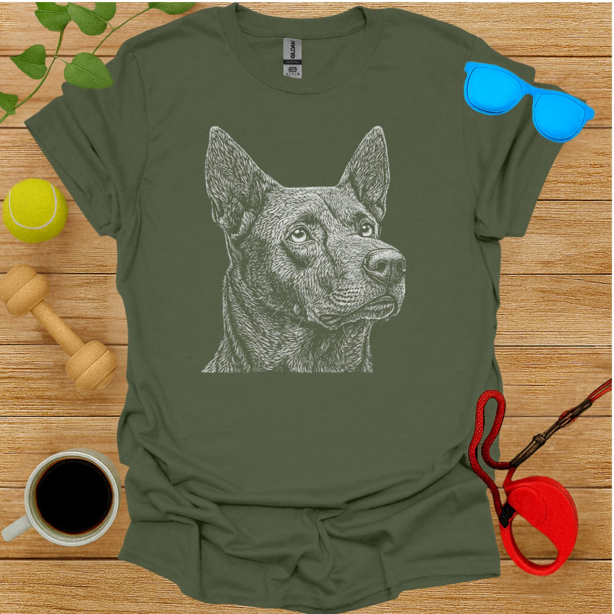 Detailed Illustration of Dog on Green Unisex T-Shirt