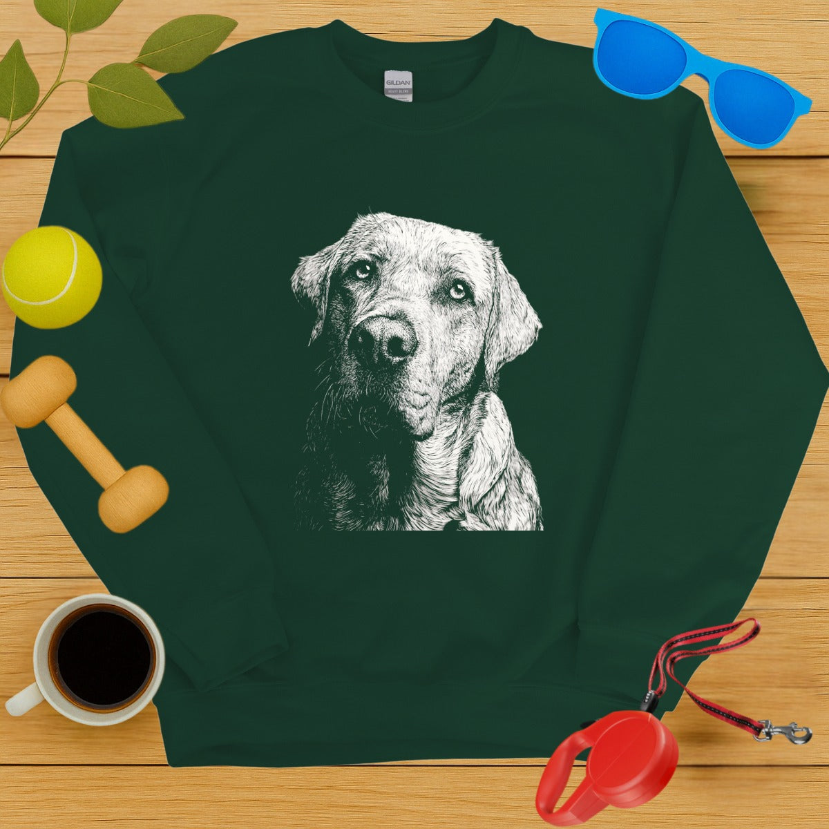 Green Sweatshirt with Intricate Dog Sketch Design